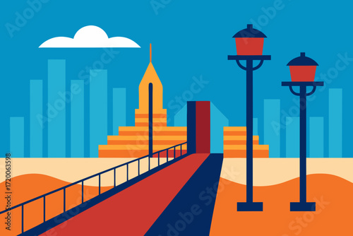 Stylized cityscape with a red walkway leading to a grand entrance