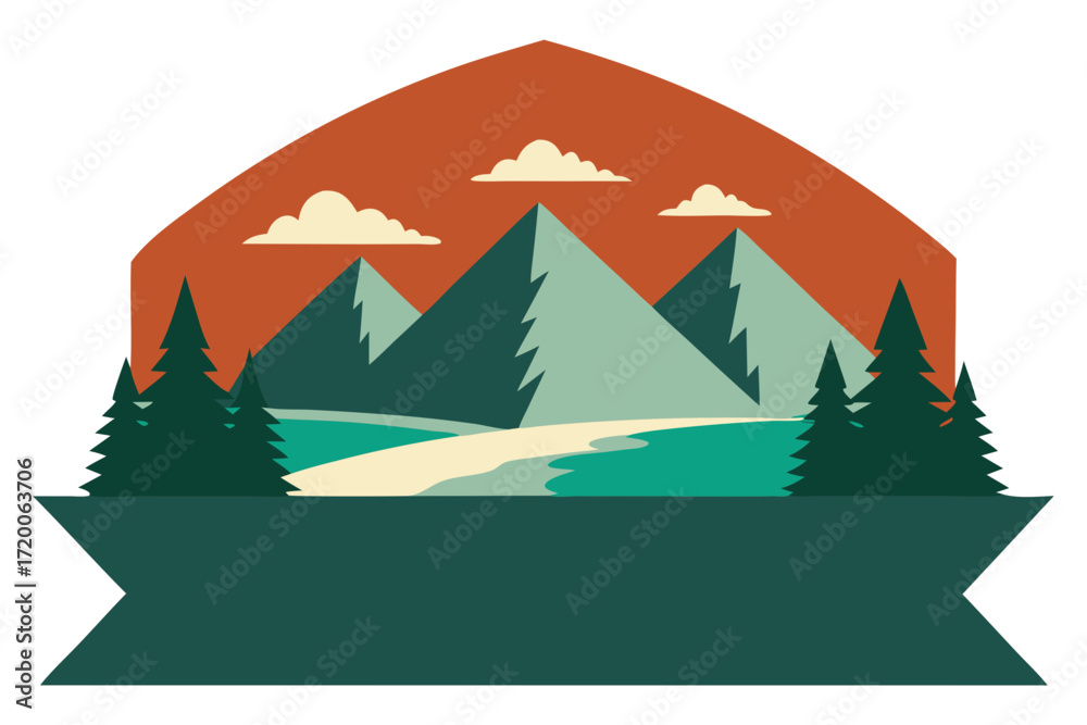 Obraz premium Stylized mountain landscape with trees and clouds in a geometric emblem