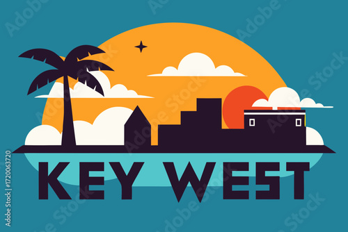 Key west florida skyline silhouette with palm tree and sunset