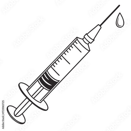 Monochrome illustration of a syringe with a needle and a drop