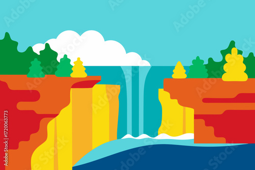 Vibrant flat design waterfall scene with cliffs and trees under blue sky
