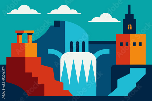 Abstract geometric illustration of a waterfall with ancient ruins and modern buildings