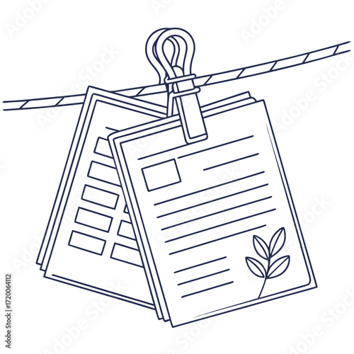 Documents hanging from a rope with a clothespin