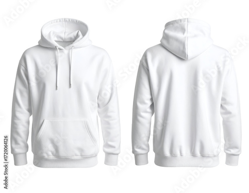 A plain white hoodie displayed from the front and back, showcasing its casual and versatile design for everyday wear.