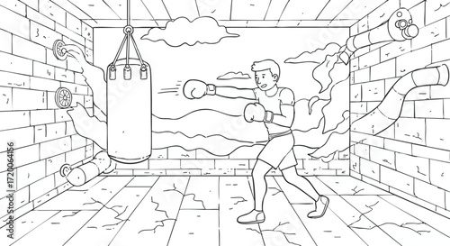 Energetic young man in boxing gloves training on a punching bag in a brick-walled room, with abstract background elements