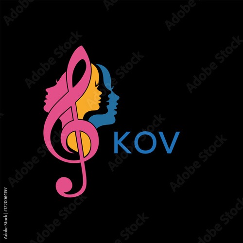 "Colorful Female Silhouettes with Treble Clef Music Symbol on Black Background – KOV Later Logo, Empowerment, Diversity & Art Concept"
