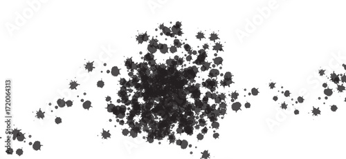 Isolated on white, the image features a cluster of black ink splatters forming a dense core, with smaller splatters radiating outward, resembling an abstract, organic form against the clean backdrop