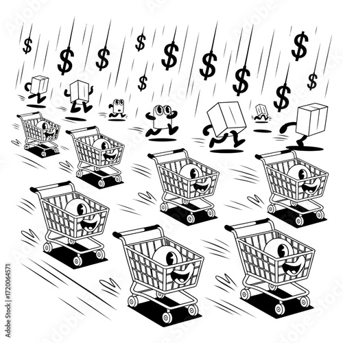 Black and white vector illustration of happy shopping carts catching a downpour of dollar signs