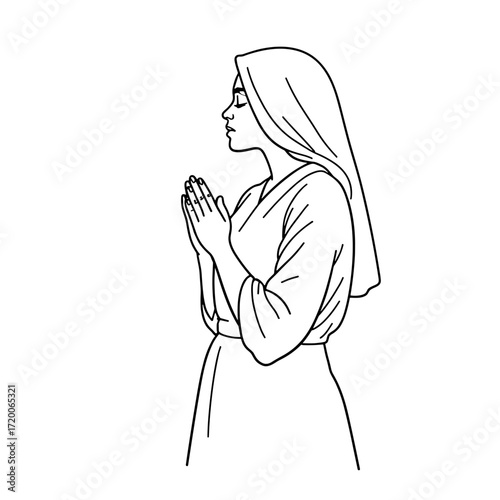 Muslim woman praying with hands clasped in a respectful manner  