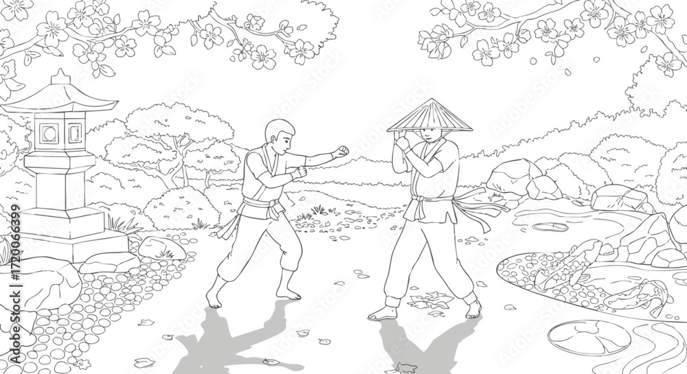 Obraz premium Two men engaged in martial arts training in a serene Japanese garden with a pagoda and cherry blossoms