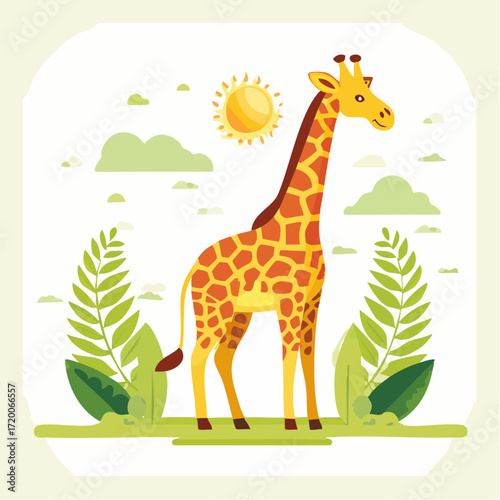 Adorable Giraffe in Savanna Landscape Fun Illustration