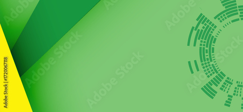 A modern abstract background features overlapping green layers with a pop of yellow on the left, contrasted by a stylized green radial pattern on a serene light green canvas