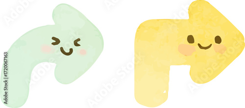 Two cute cartoon arrows, one green and one yellow, with smiling faces and rosy cheeks, in a soft watercolor style.