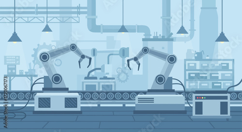 Industrial factory interior with automated robotic arms working on a conveyor belt assembly line