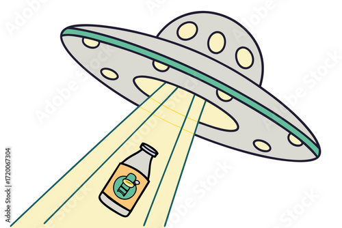 Cartoon grey disc UFO with teal stripe and yellow lights abducting a bottle via a bright yellow tractor beam.