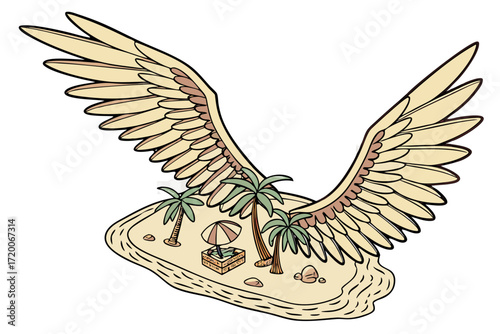 Cartoon flying tropical island with spread beige wings palm trees umbrella and crate illustration.