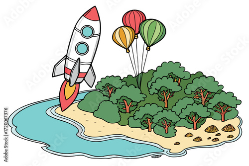 Cartoon island with launching white rocket red nose blue windows fiery exhaust and colorful hot air balloons above green trees sandy beach blue water.