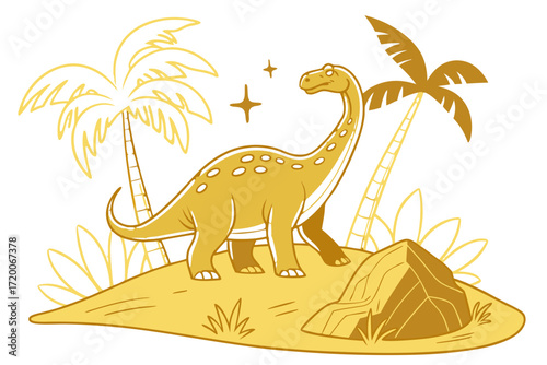 Cartoon longnecked dinosaur illustration with white spots standing golden yellow color.