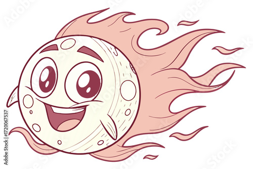 Cheerful Cartoon Comet Character with Waving Pink Flame Tail and Big Smile.