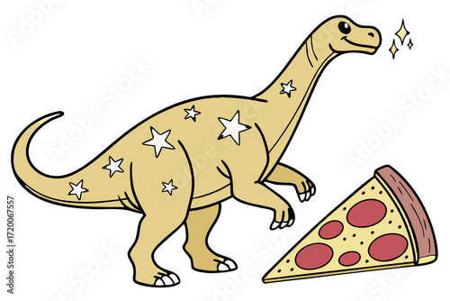 Cheerful cartoon starcovered dinosaur smiling at a delicious pepperoni pizza slice.