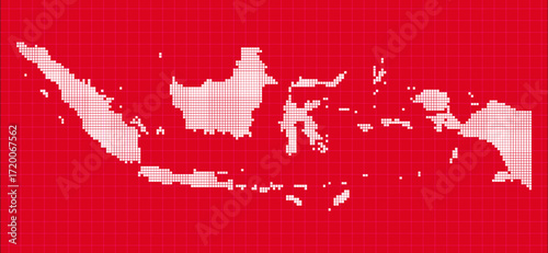 Indonesia is depicted in a grid-like design over a vibrant red background, highlighting the country's archipelago with a minimalist, modern aesthetic in white pixel art