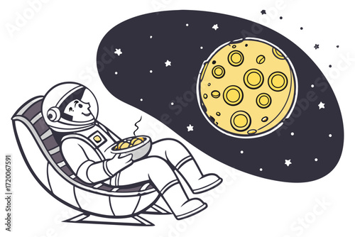Cozy astronaut in a white suit relaxing in a chair eating a hot meal gazing at the cratered yellow moon.