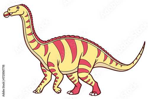 Cute Cartoon Yellow Dinosaur with Red Stripes Walking Sticking Out Its Tongue.