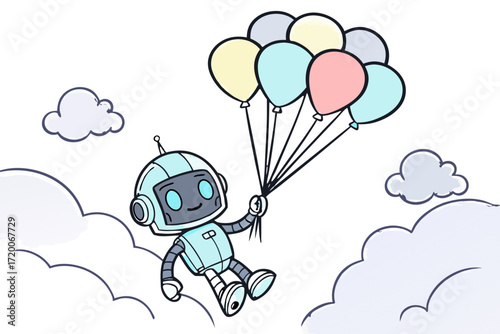 Cute light blue robot with glowing eyes holding a bunch of colorful pastel balloons.