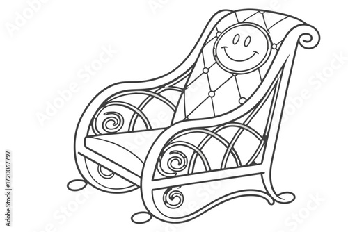 Decorative rocking chair outline with cheerful smiley face and elegant scrollwork.