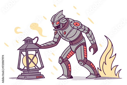 Grey armored robot character with glowing red eyes holding a vintage lantern detailed futuristic design.