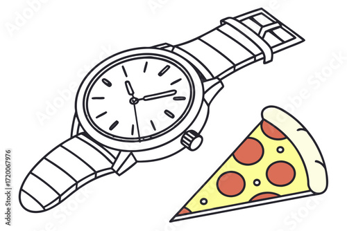 Graphic style wristwatch with bold black outline round face minute hands and adjustable strap.