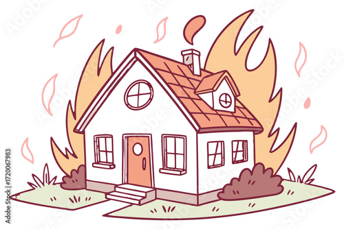 Handdrawn burning residential house engulfed in vibrant orange flames with smoke and embers.