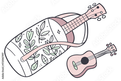 Handdrawn pink ukulele and decorative leafpatterned case illustration.