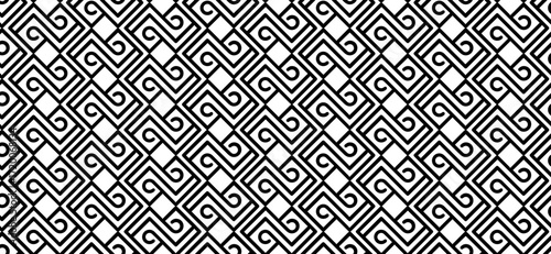 Seamless geometric pattern with intricate black lines forming squares and spirals on a clean white background, creating a modern and visually striking design element