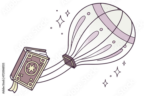 Magical purple and cream hot air balloon connected to an enchanted book with star emblem whimsical doodle style.