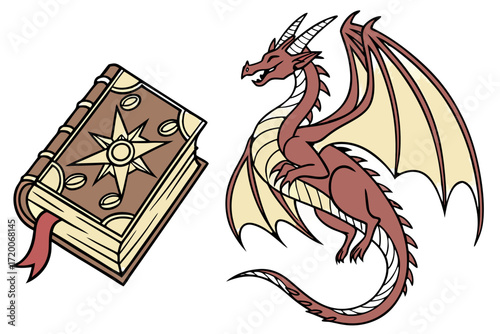 Majestic cartoon red dragon flying featuring cream wings sharp horns and a fierce smiling expression.