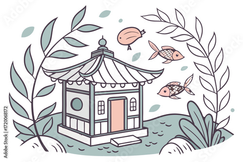 Muted Asian pavilion illustration curved roof finial stylized fish botanical elements serene traditional design.