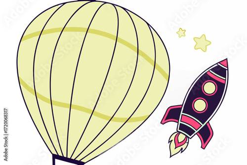Playful cartoon hot air balloon and rocket with stars vibrant colors space adventure illustration.