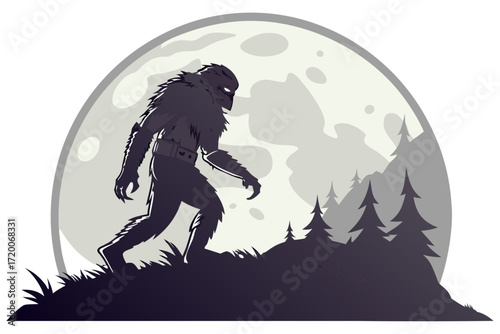 Shaggy whitefurred mythical apeman creature with dark face and belt striding in vector illustration.