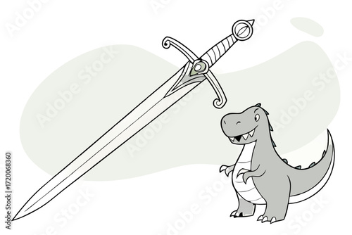 Smiling Grey Cartoon Dinosaur and Ornate Silver Fantasy Sword with Green Gem Illustration.