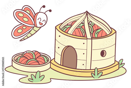 Smiling cartoon butterfly flying near whimsical dim sum steamer house and basket filled with colorful peach and green dumplings.