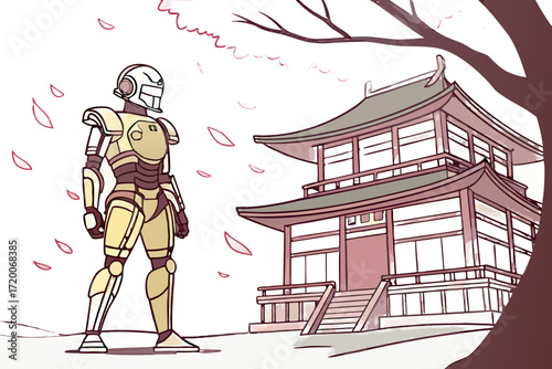 Sleek golden humanoid robot standing upright with maroon accents and segmented armor.