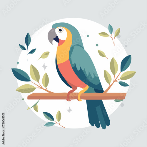 Vibrant Parrot Illustration Tropical Bird on Branch with Leaves