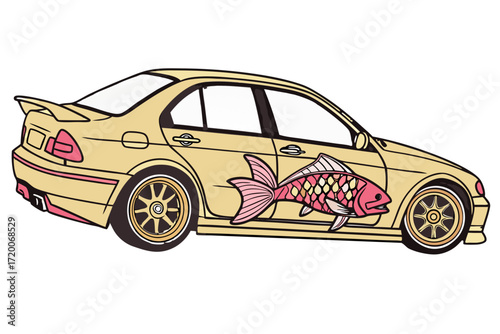 Stylized pale yellow sedan with pink accents and a prominent koi fish graphic.