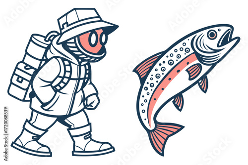 Stylized outdoor adventurer in hat and backpack walking pose simple line art.