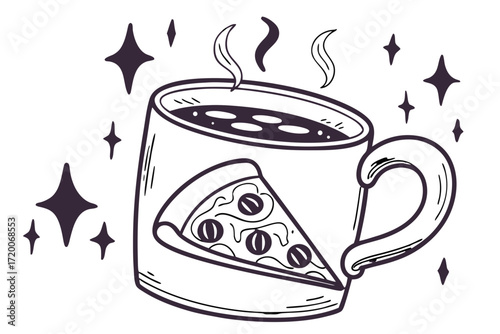 Stylized handdrawn steaming mug with a bold pizza slice graphic monochromatic doodle art.