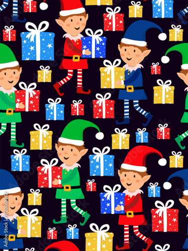 colorful festive christmas seamless pattern little boy elves carrying gift boxes black background winter holidays new year