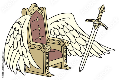 Stylized Winged Golden Throne with Majestic Sword Cartoon Fantasy Illustration Royal Power Symbol.