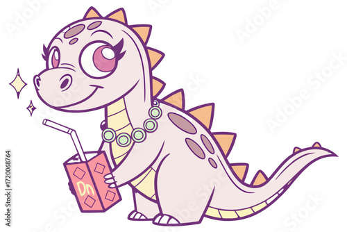 Sweet cartoon dinosaur character with large pink eyes orange spikes and a necklace holding a juice box.
