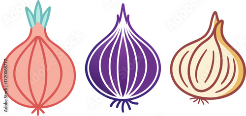 Stylized Illustration of  Different Onion Varieties in a Row, Food Art
